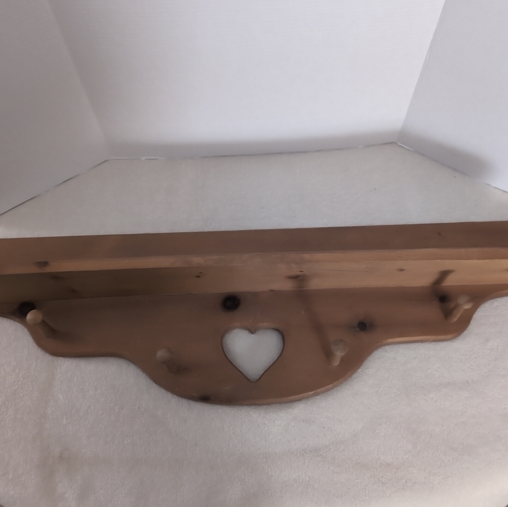 Vintage Wood Shelf With Heart Cut OutWall Shelf With 4 Pegs - 35”